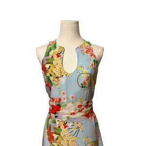 Alice & Trixie 100% Silk Tie-Waist Aqua Floral Dress Lightweight Made in USA- XS